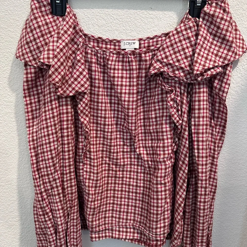 J. Crew Red Brown Plaid Ruffle Women's Square Neck Blouse - Picture 3 of 5